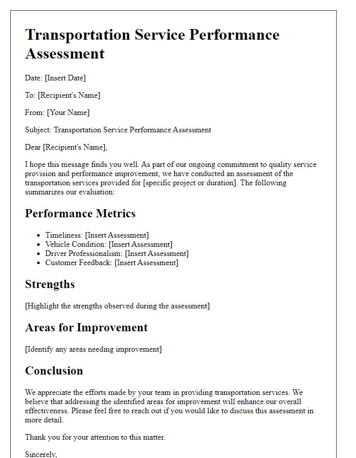 Letter template of transportation service performance assessment