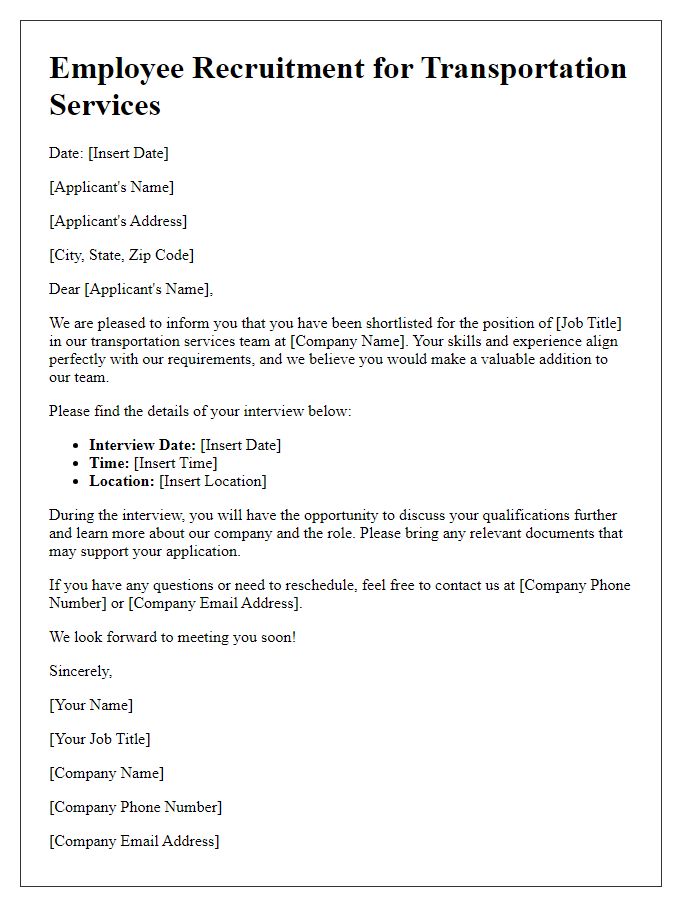 Letter template of employee recruitment for transportation services