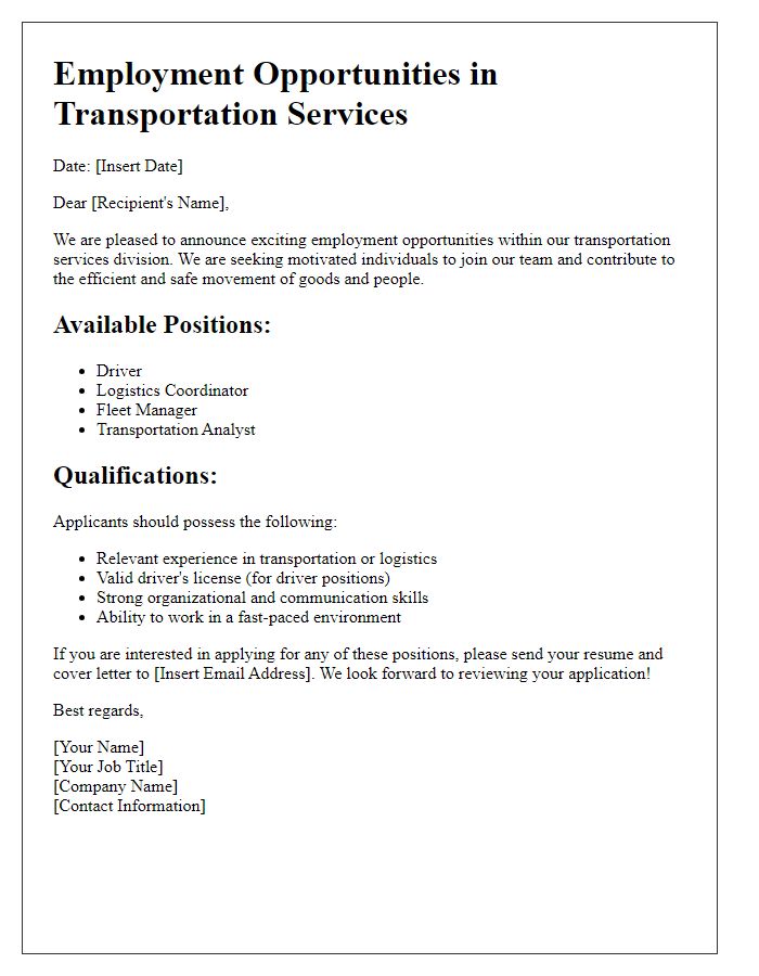 Letter template of employment opportunities in transportation services