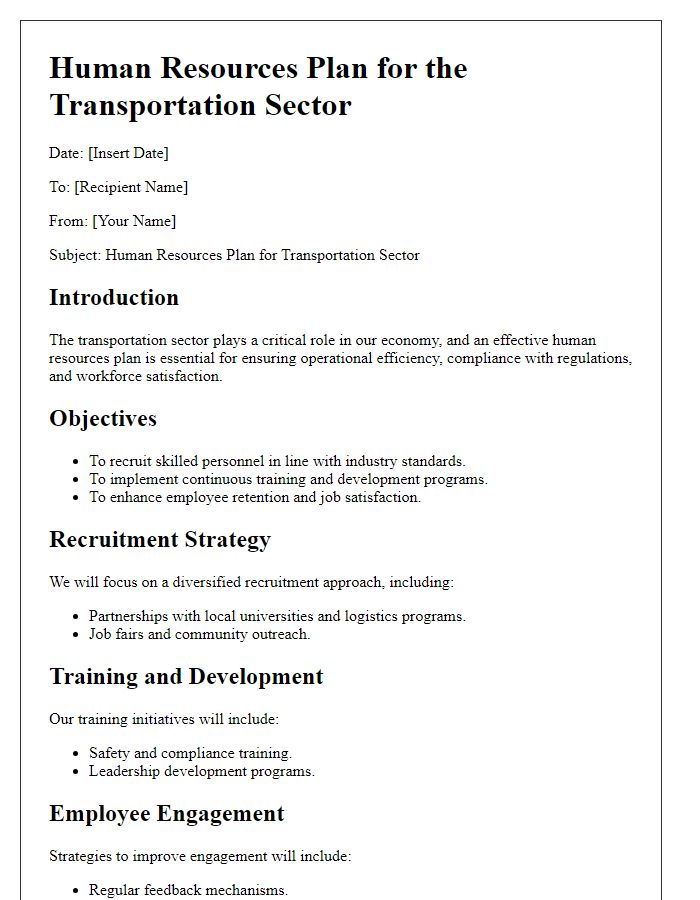 Letter template of human resources plan for transportation sector