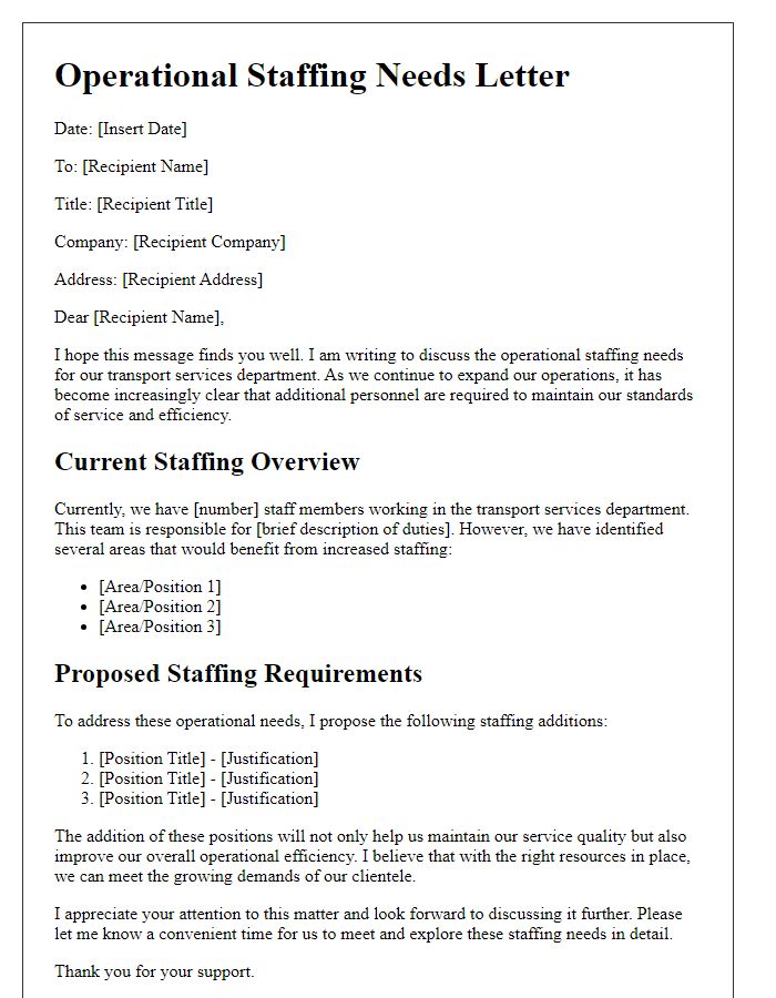 Letter template of operational staffing needs for transport services