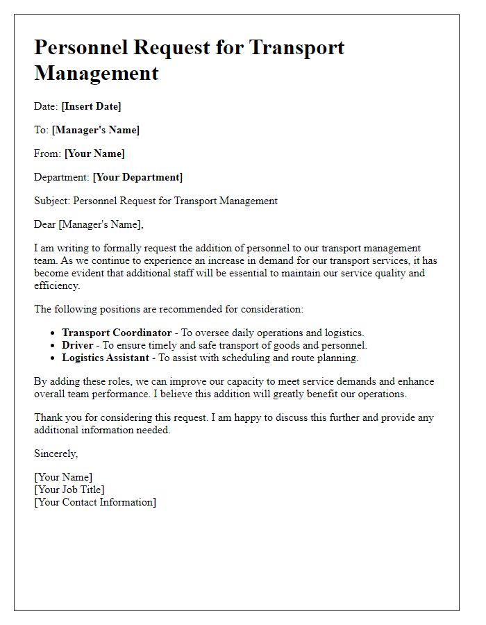 Letter template of personnel requests for transport management