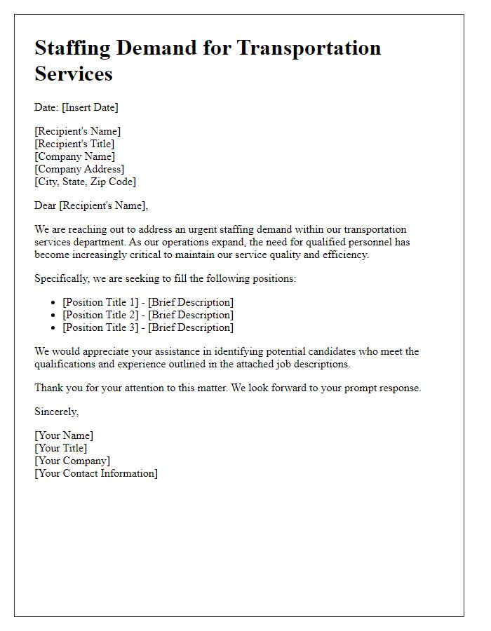 Letter template of staffing demand for transportation services