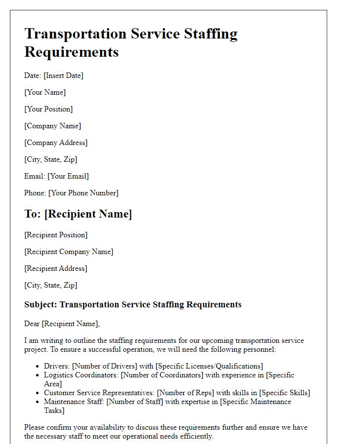 Letter template of transportation service staffing requirements