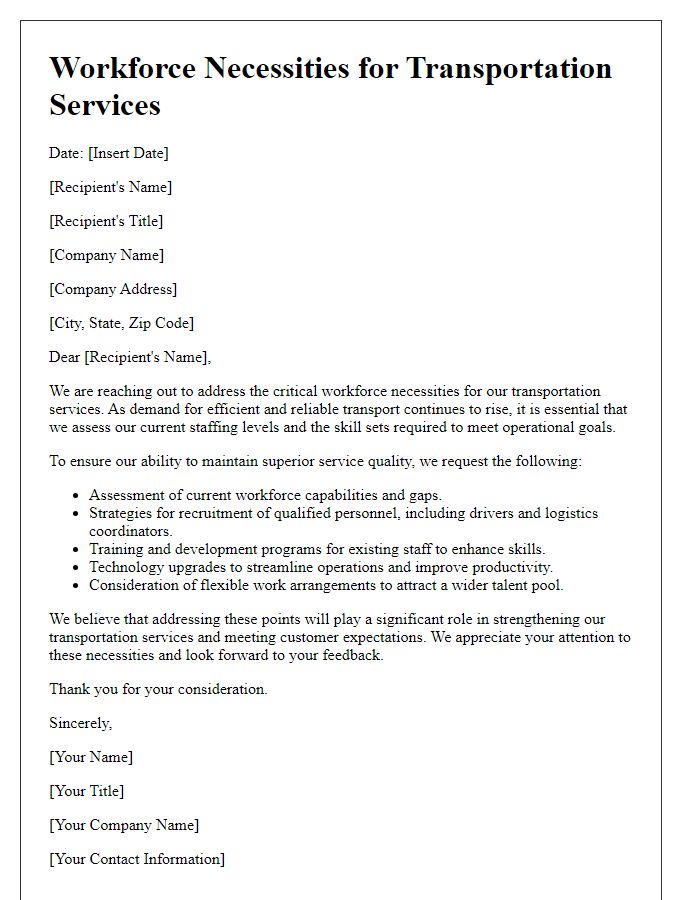 Letter template of workforce necessities for transportation services