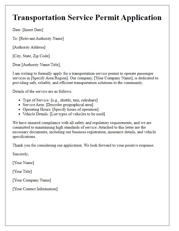 Letter template of transportation service permit application for passenger services