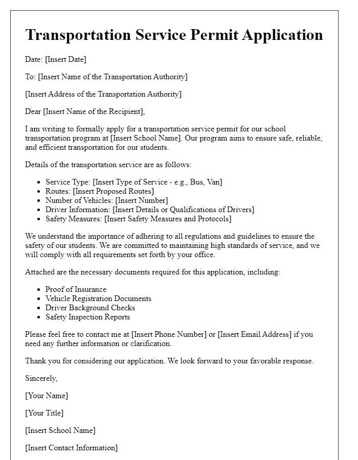 Letter template of transportation service permit application for school transportation