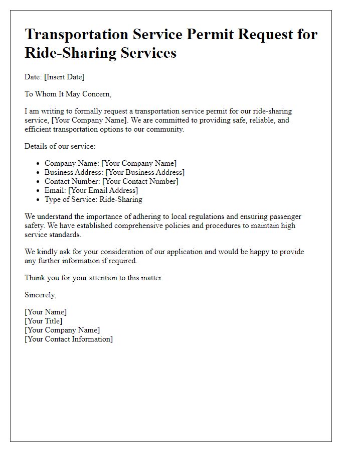 Letter template of transportation service permit request for ride-sharing services