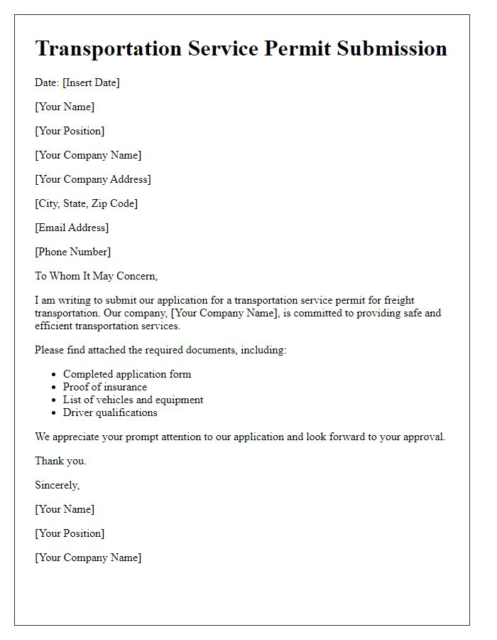 Letter template of transportation service permit submission for freight transportation