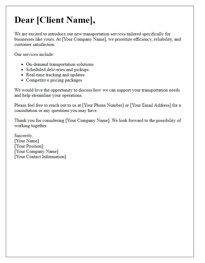 Letter template of introduction for new transportation service clients.