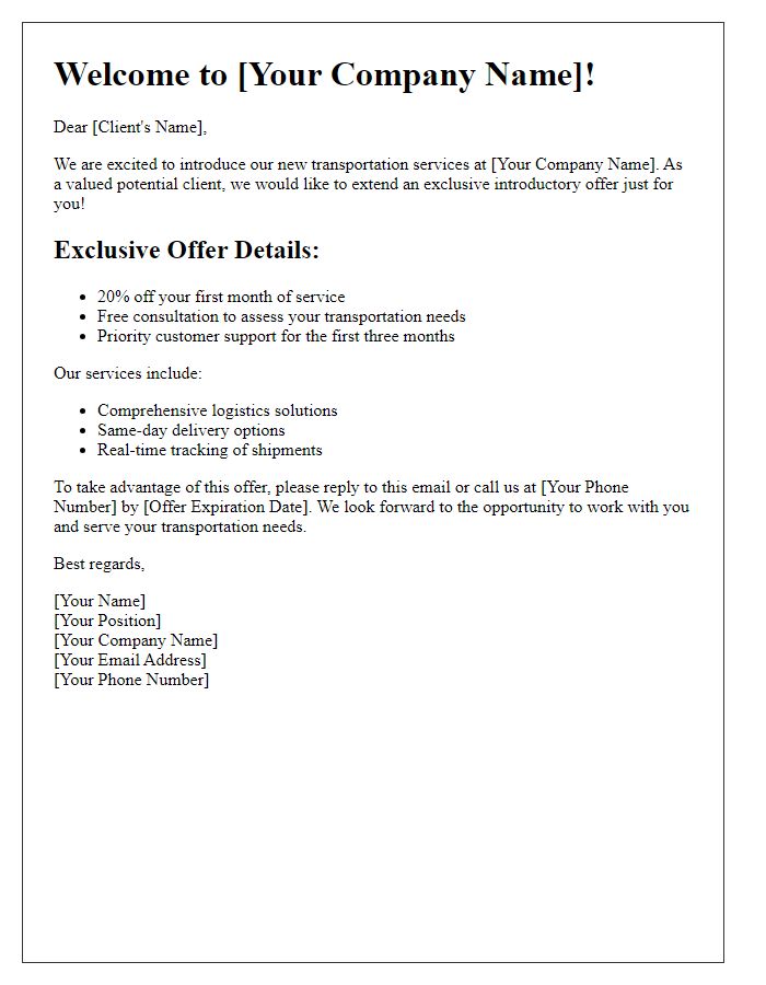 Letter template of introductory offer for new transportation service clients.