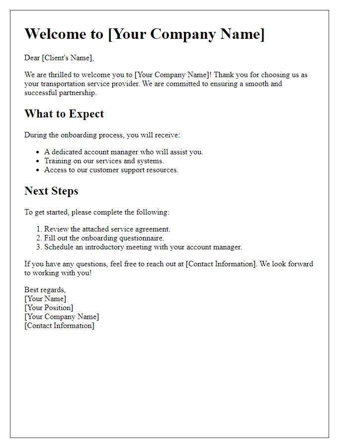 Letter template of onboarding for new clients in our transportation service.