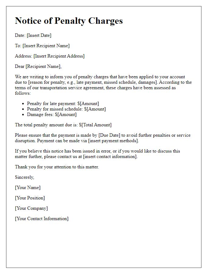 Letter template of notice for transportation service penalty charges.