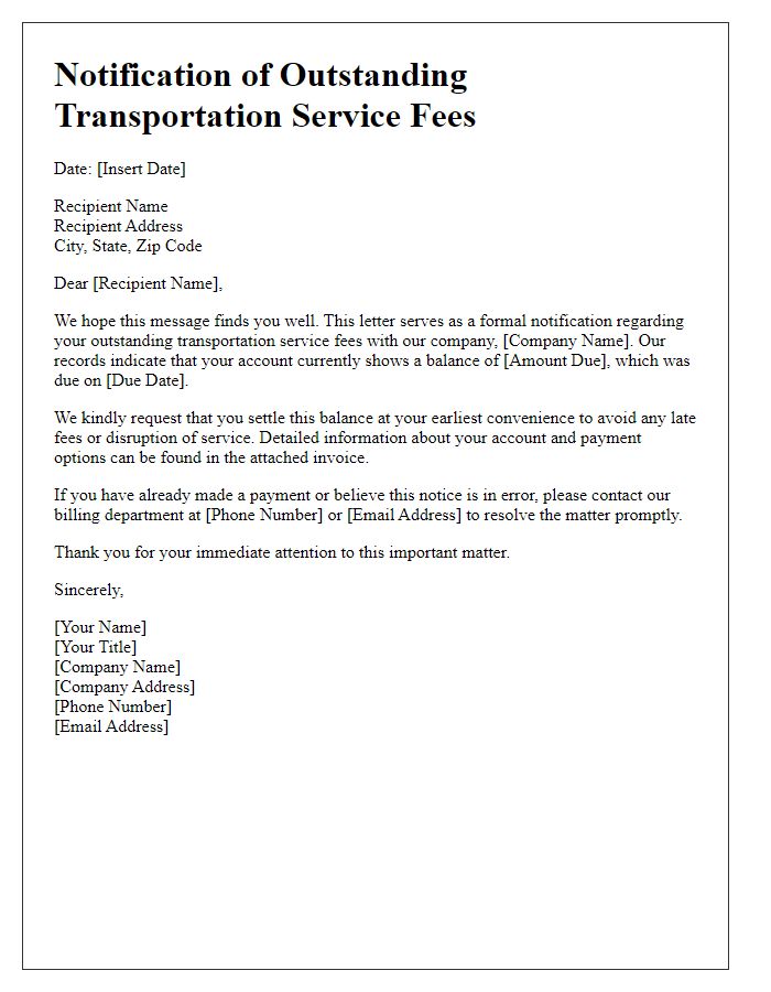 Letter template of notification for outstanding transportation service fees.