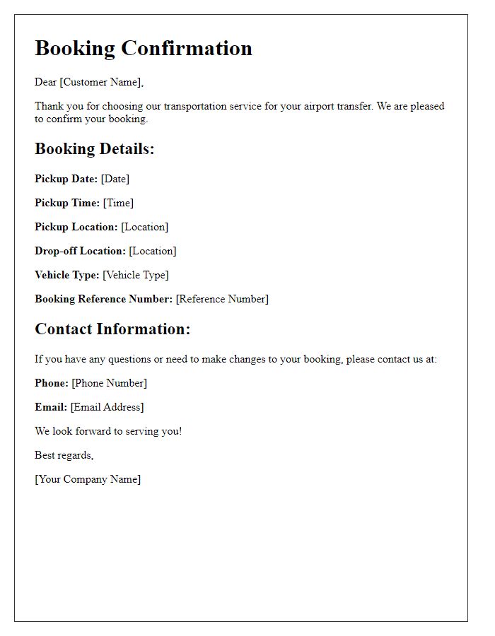 Letter template of transportation service booking confirmation for airport transfers