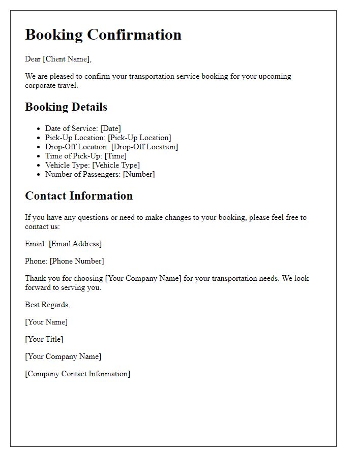 Letter template of transportation service booking confirmation for corporate travel