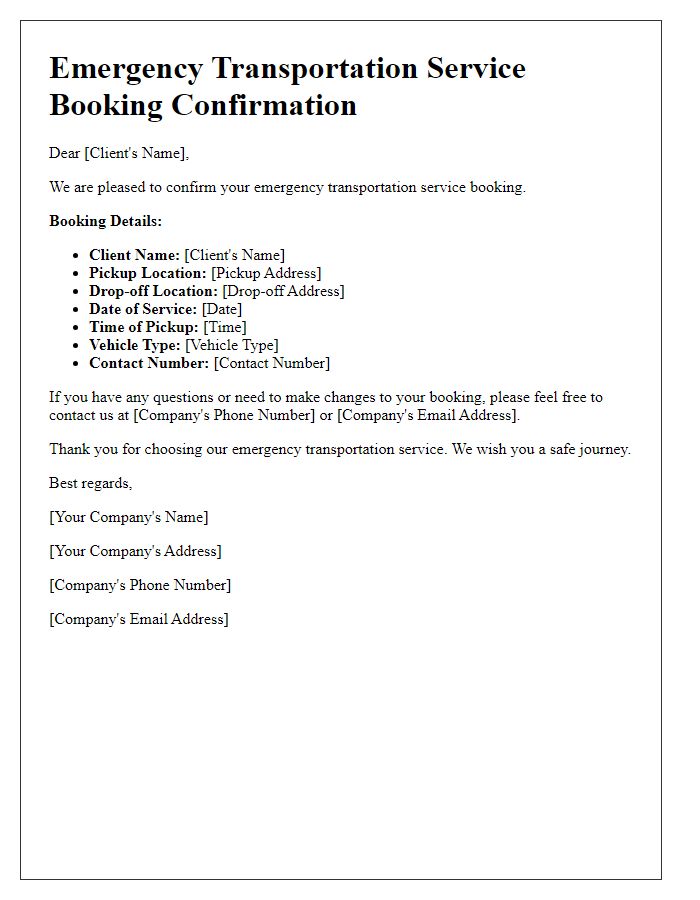 Letter template of transportation service booking confirmation for emergency transportation