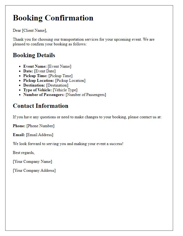 Letter template of transportation service booking confirmation for event transportation