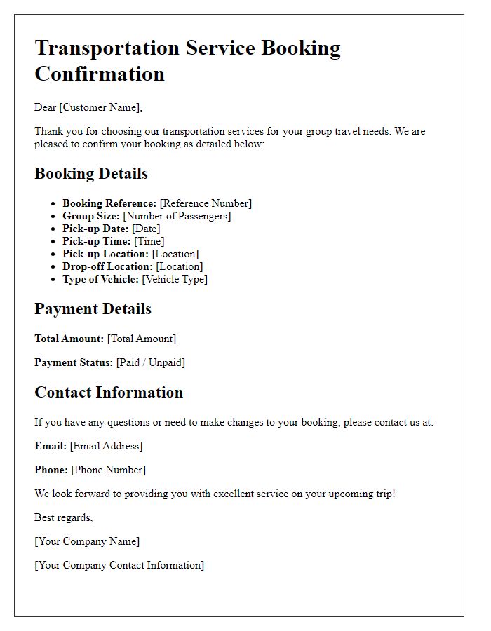 Letter template of transportation service booking confirmation for group travel