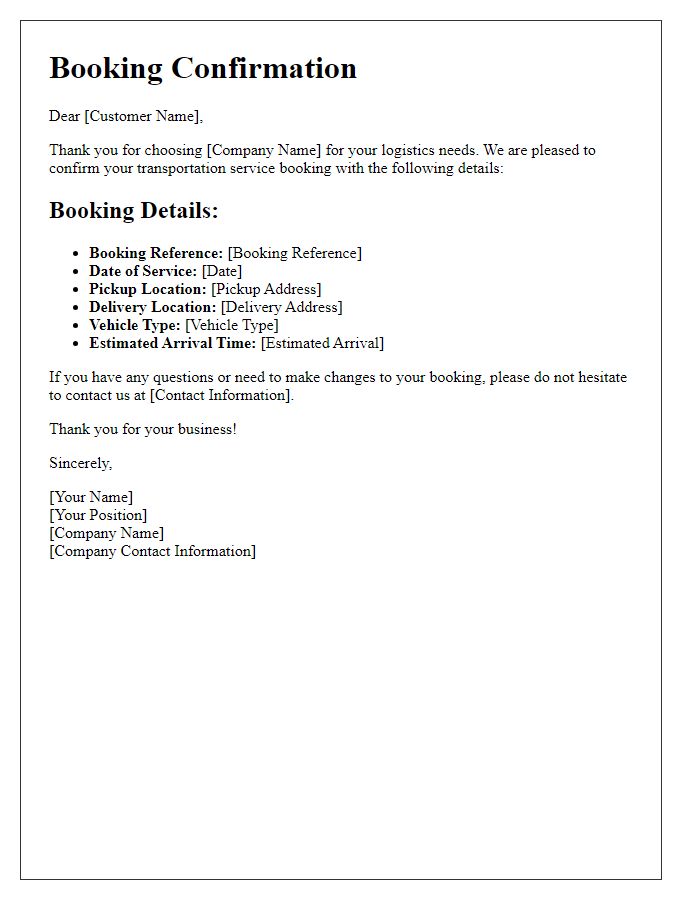 Letter template of transportation service booking confirmation for logistics services