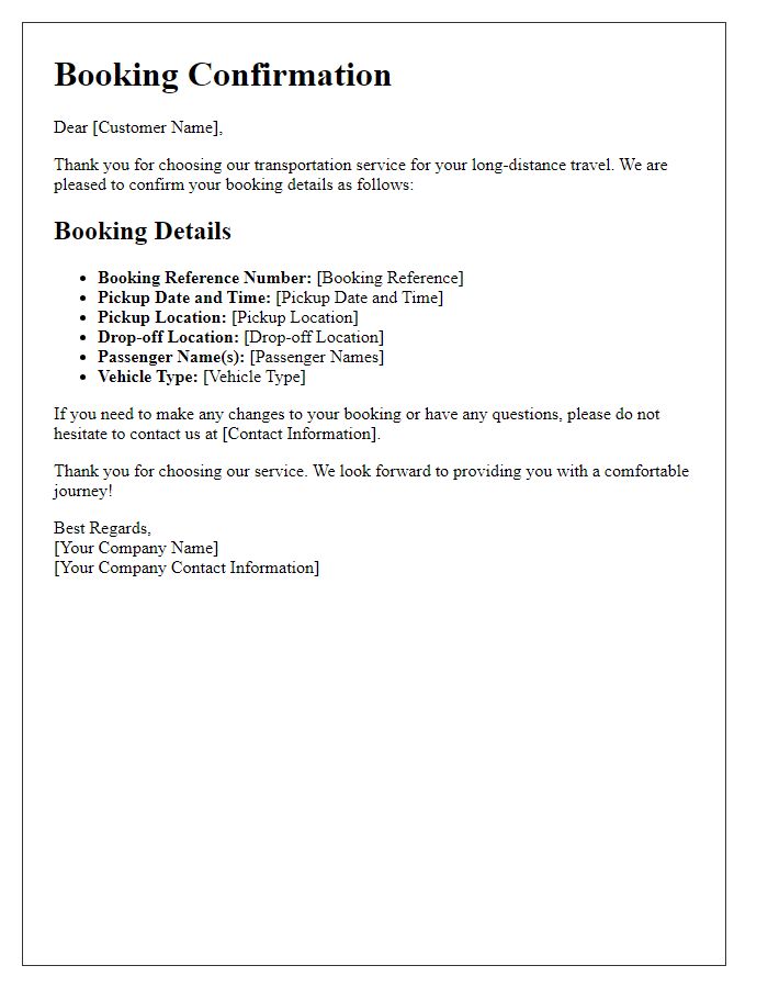 Letter template of transportation service booking confirmation for long-distance travel