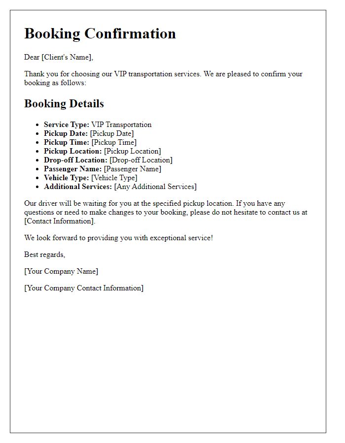 Letter template of transportation service booking confirmation for VIP services