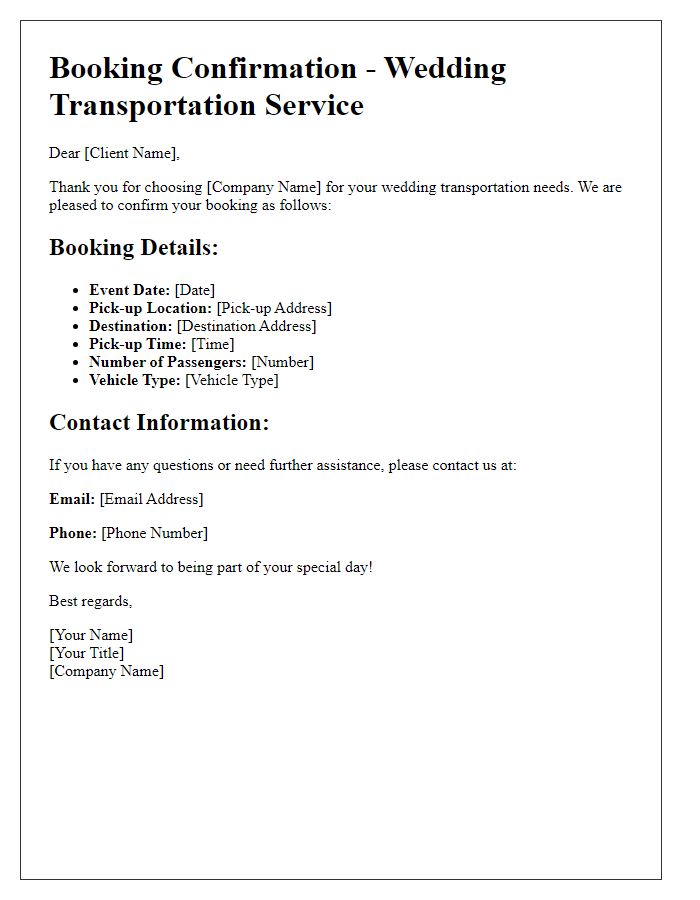 Letter template of transportation service booking confirmation for a wedding