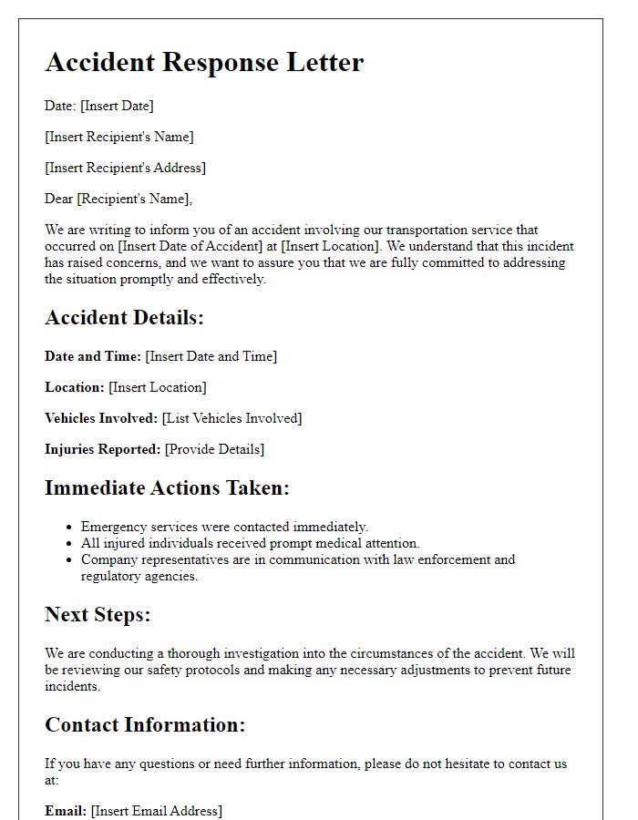 Letter template of transportation service accident response framework