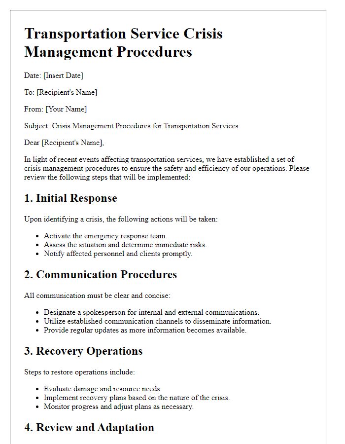 Letter template of transportation service crisis management procedures