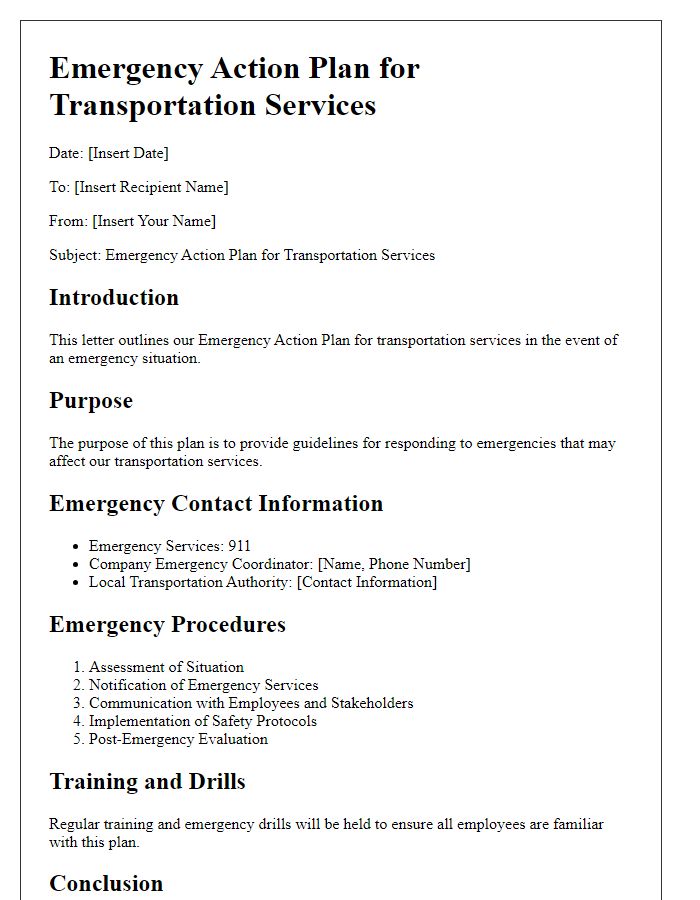 Letter template of transportation service emergency action plan