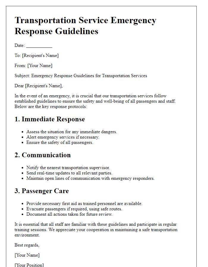 Letter template of transportation service emergency response guidelines