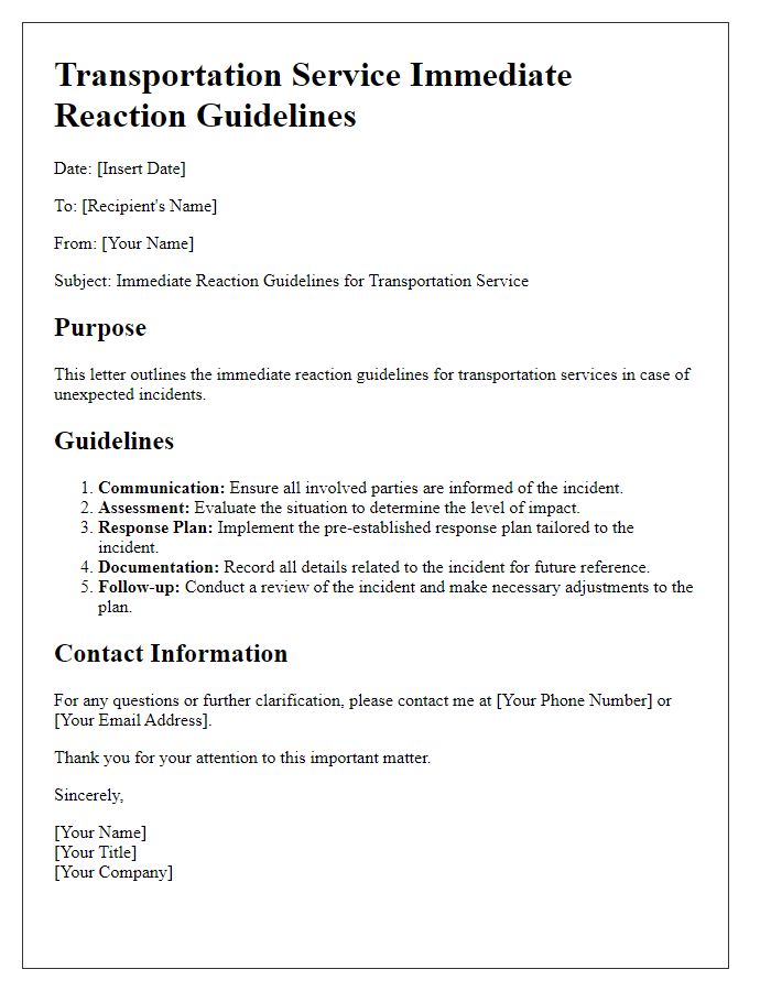 Letter template of transportation service immediate reaction guidelines