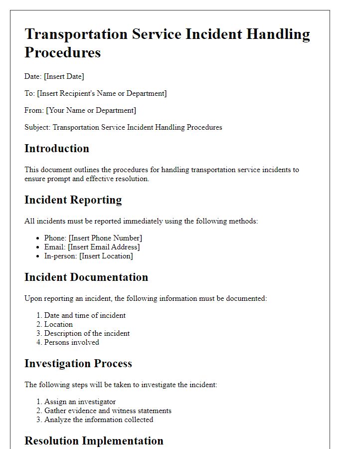 Letter template of transportation service incident handling procedures