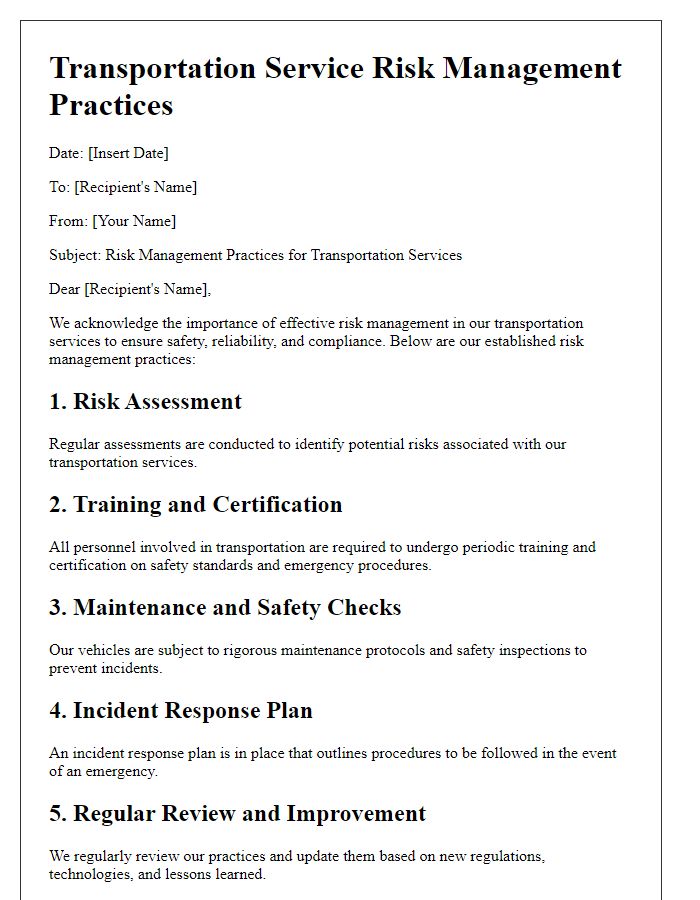 Letter template of transportation service risk management practices