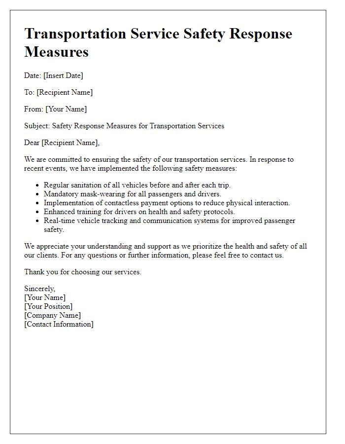 Letter template of transportation service safety response measures