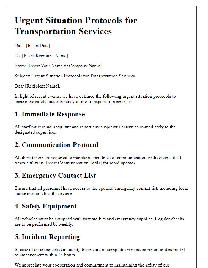 Letter template of transportation service urgent situation protocols