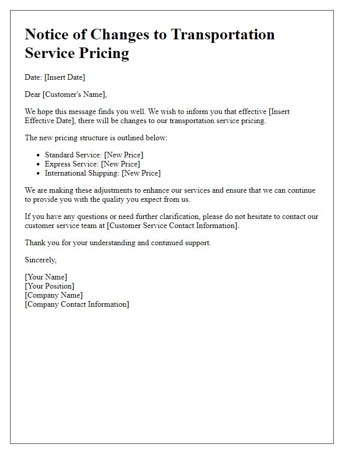 Letter template of changes to transportation service pricing