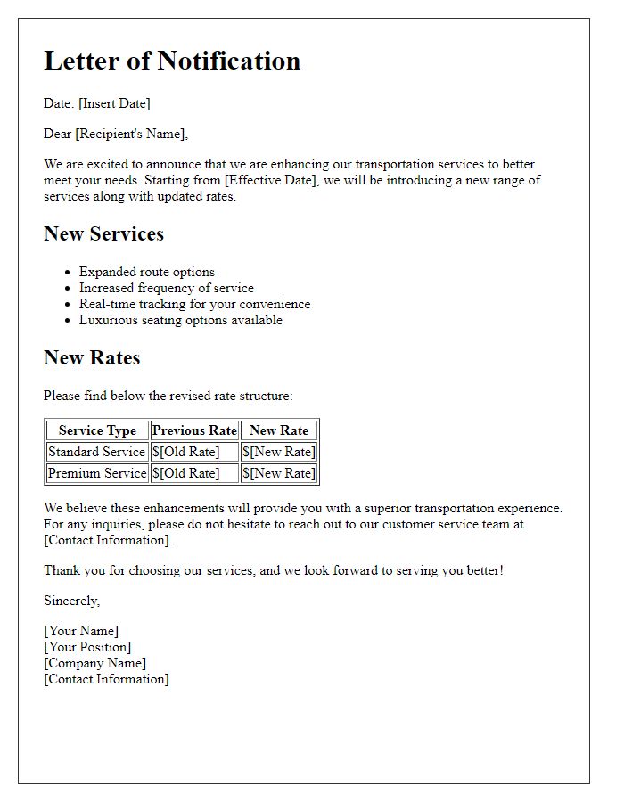 Letter template of enhanced transportation services and new rates