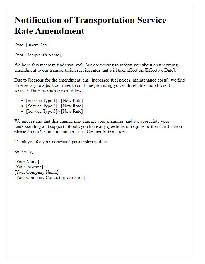 Letter template of notification regarding transportation service rate amendment