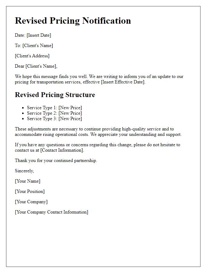 Letter template of revised pricing for transportation services