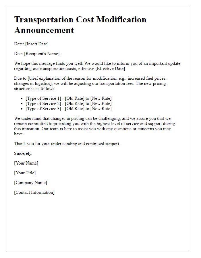 Letter template of transportation cost modification announcement