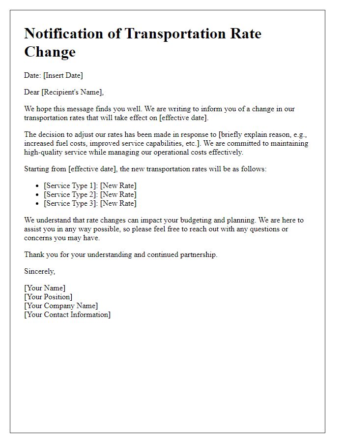 Letter template of transportation rate change explanation