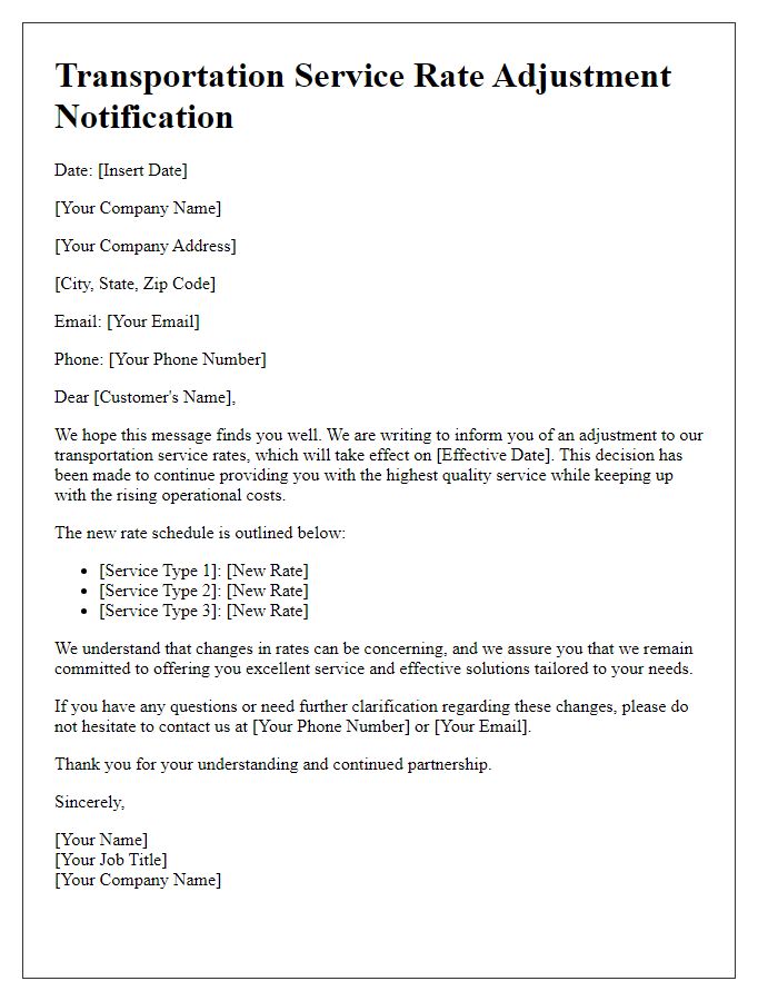 Letter template of transportation service rate adjustment notification