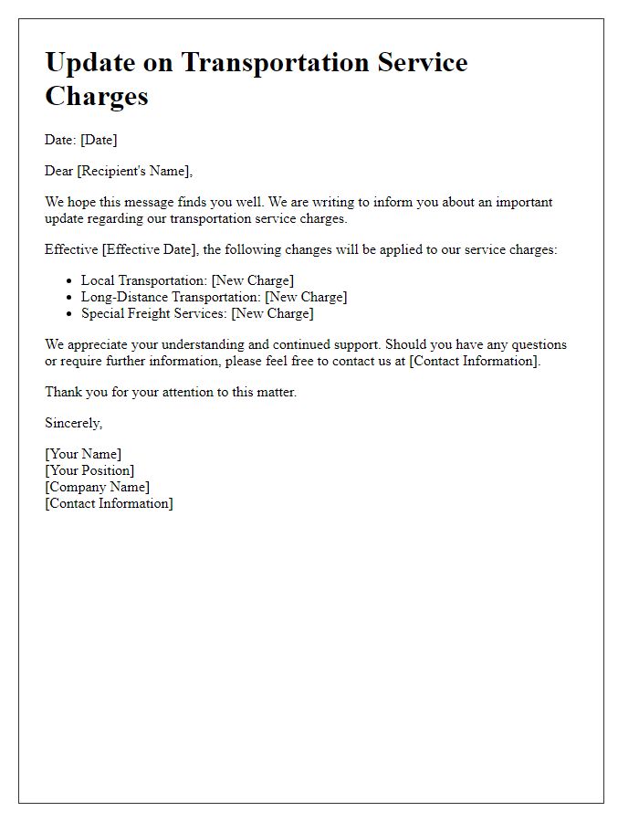 Letter template of updated transportation service charges