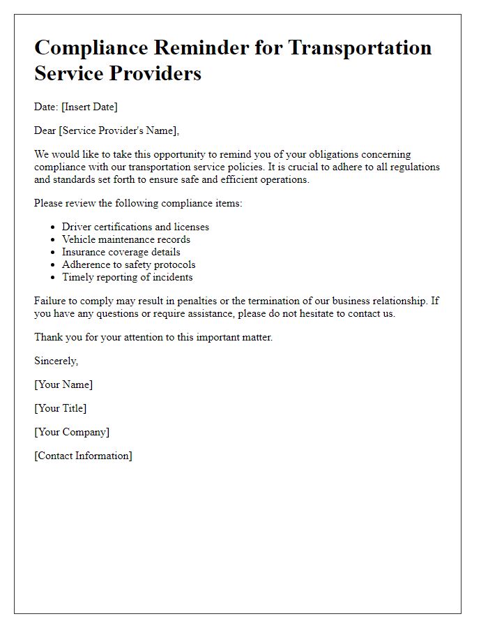 Letter template of compliance reminder for transportation service providers