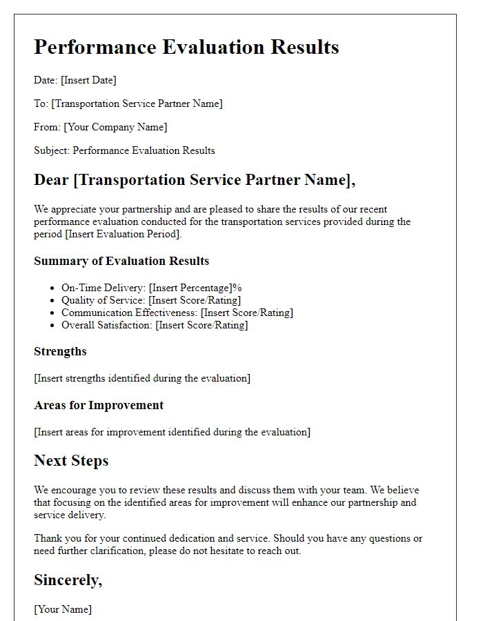 Letter template of performance evaluation results for transportation service partners