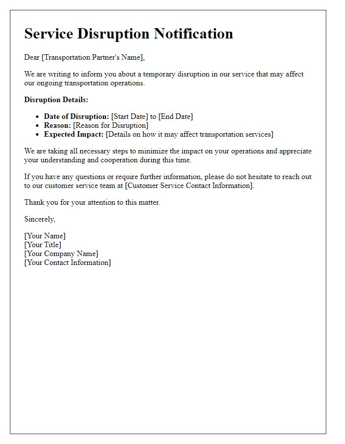 Letter template of service disruption notification for transportation partners