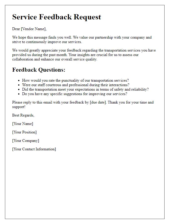 Letter template of service feedback request for transportation vendors