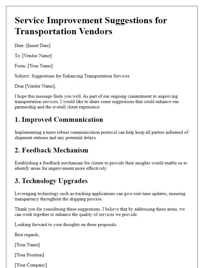 Letter template of service improvement suggestions for transportation vendors