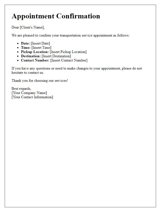 Letter template of transportation service client appointment confirmation